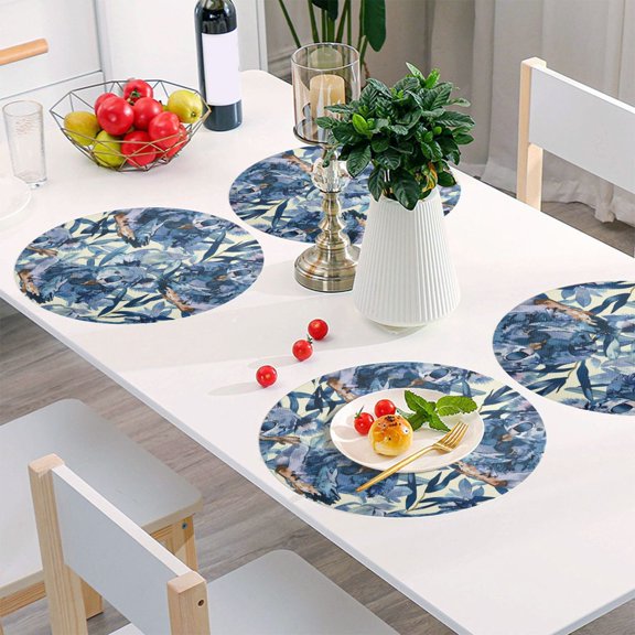 Round Grid Placemat ,One Sizex4, Round Placemat, PVC Plate Mat，15.4 Inch Non-Slip and Heat Resistant, Table Placemat, Dining Room Placemat Blue Raccoon