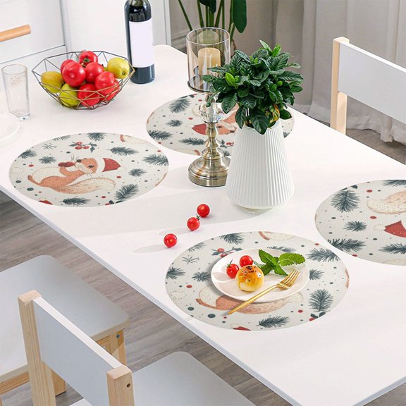 Round Grid Placemat ,One Sizex4, Round Placemat, PVC Plate Mat,15.4 Inch Non-Slip and Heat Resistant, Table Placemat, Dining Room Placemat Cartoon Cute Christmas Squirrel