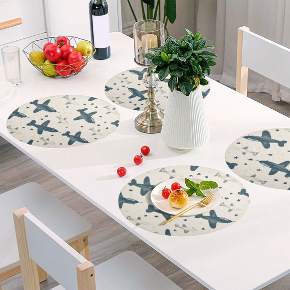 Round Grid Placemat ,One Sizex4, Round Placemat, PVC Plate Mat,15.4 Inch Non-Slip and Heat Resistant, Table Placemat, Dining Room Placemat Cute Green Cartoon Plane