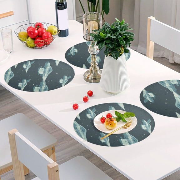 Round Grid Placemat ,One Sizex4, Round Placemat, PVC Plate Mat，15.4 Inch Non-Slip and Heat Resistant, Table Placemat, Dining Room Placemat Green Spaceship