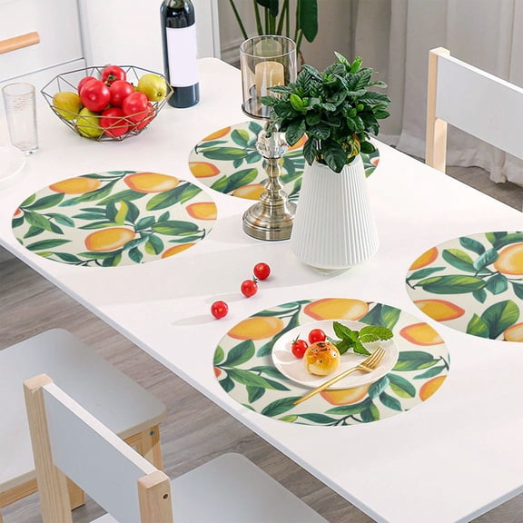Round Grid Placemat ,One Sizex4, Round Placemat, PVC Plate Mat,15.4 Inch Non-Slip and Heat Resistant, Table Placemat, Dining Room Placemat Lemons and Leaves