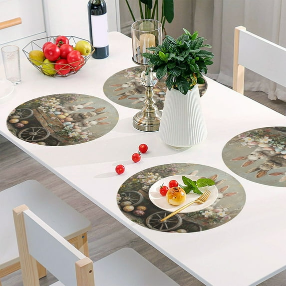 Round Grid Placemat ,One Sizex4, Round Placemat, PVC Plate Mat,15.4 Inch Non-Slip and Heat Resistant, Table Placemat, Dining Room Placemat The Three Easter Rabbits