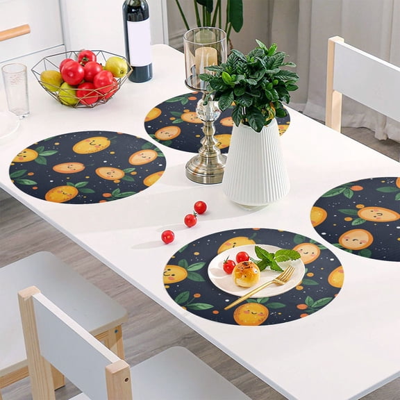 Round Grid Placemat ,One Sizex6, Round Placemat, PVC Plate Mat，15.4 Inch Non-Slip and Heat Resistant, Table Placemat, Dining Room Placemat Cartoon Cute Mango