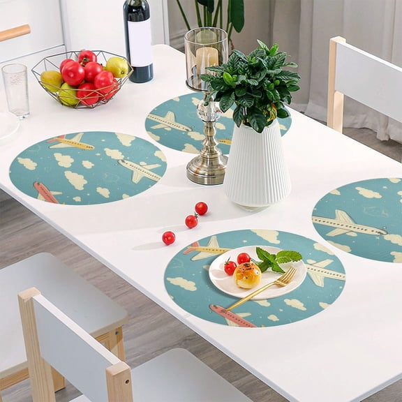 Round Grid Placemat ,One Sizex6, Round Placemat, PVC Plate Mat,15.4 Inch Non-Slip and Heat Resistant, Table Placemat, Dining Room Placemat Cute Cartoon Little Plane