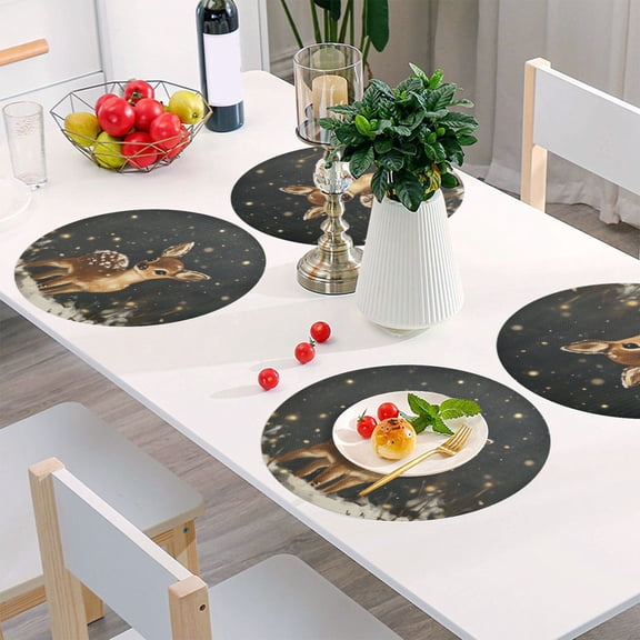Round Grid Placemat ,One Sizex6, Round Placemat, PVC Plate Mat,15.4 Inch Non-Slip and Heat Resistant, Table Placemat, Dining Room Placemat Cute Little Snow Deer