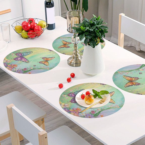 Round Grid Placemat ,One Sizex6, Round Placemat, PVC Plate Mat，15.4 Inch Non-Slip and Heat Resistant, Table Placemat, Dining Room Placemat Light Green Rainbow Butterfly