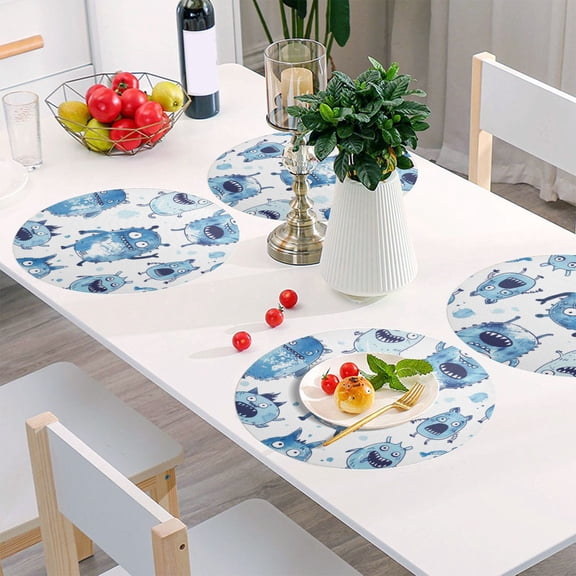 Round Grid Placemat ,One Sizex6, Round Placemat, PVC Plate Mat，15.4 Inch Non-Slip and Heat Resistant, Table Placemat, Dining Room Placemat Little Blue Cartoon Monsters Cute