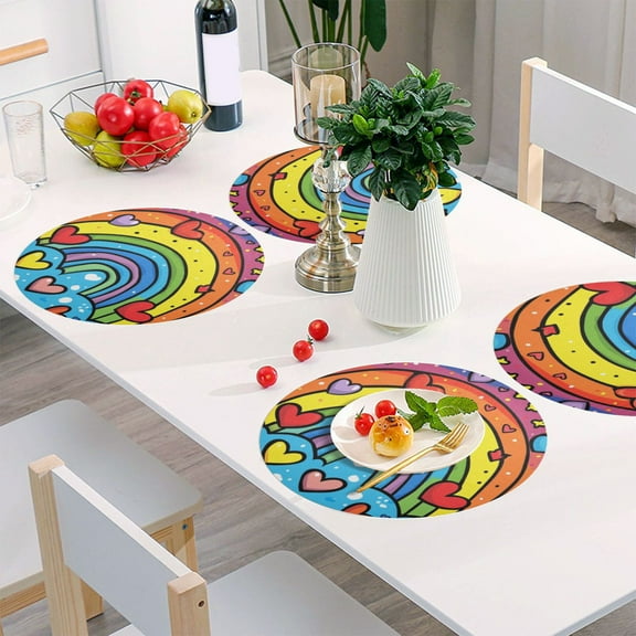 Round Grid Placemat ,One Sizex6, Round Placemat, PVC Plate Mat，15.4 Inch Non-Slip and Heat Resistant, Table Placemat, Dining Room Placemat Rainbows and Love