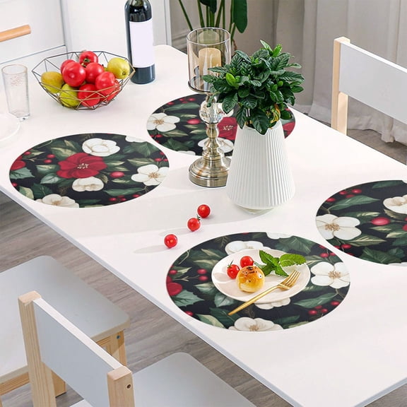 Round Grid Placemat ,One Sizex6, Round Placemat, PVC Plate Mat，15.4 Inch Non-Slip and Heat Resistant, Table Placemat, Dining Room Placemat Red and White Flowers