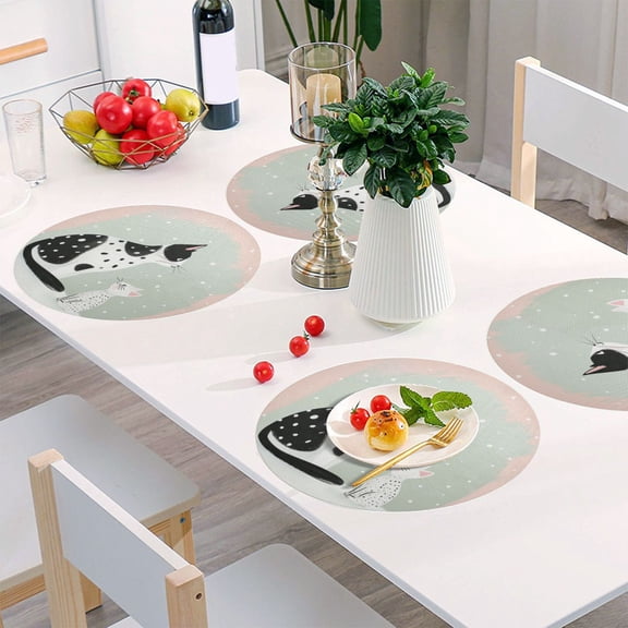 Round Grid Placemat ,One Sizex6, Round Placemat, PVC Plate Mat,15.4 Inch Non-Slip and Heat Resistant, Table Placemat, Dining Room Placemat Spotted Cats and Snowflakes