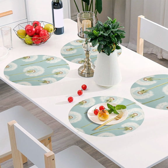 Round Grid Placemat ,One Sizex6, Round Placemat, PVC Plate Mat,15.4 Inch Non-Slip and Heat Resistant, Table Placemat, Dining Room Placemat White Cartoon Dandelion