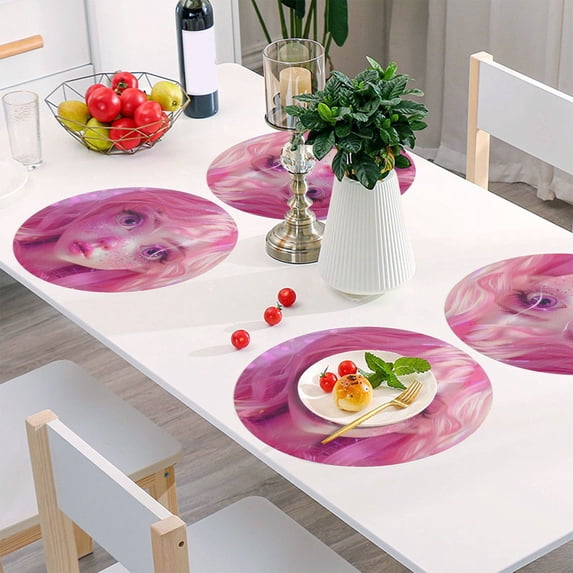 Round Grid Placemat ,One Sizex6, Round Placemat, PVC Plate Mat,15.4 Inch Non-Slip and Heat Resistant, Table Placemat, Dining Room Placemat Pink Girl