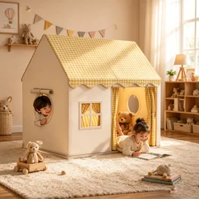 Round Grid Window Playhouse, Outdoor Playhouse, Check Pattern Tent with Side Windows, Portable Play Area for Imaginative Play, Perfect for Kids' Fun, Party Play Tent, Toddler Play Tent