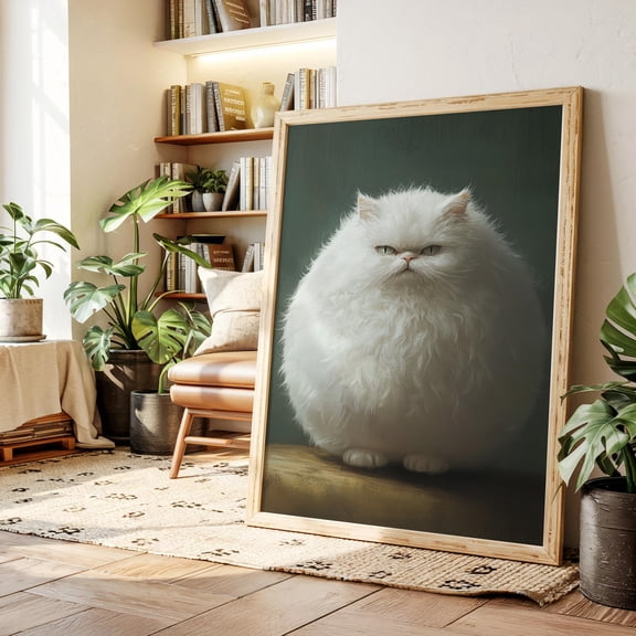 Round Grumpy Cat Wall Poster Art Fluffy White Persian Cat Portrait With Attitude , Poster Print Only