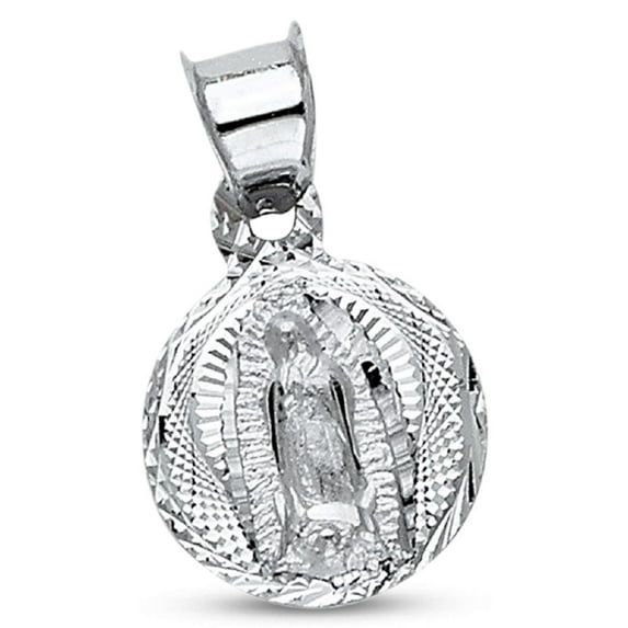Round Guadalupe Pendant Solid 14k White Gold Virgin Mary Coin Charm Religious Style 11 x 11 mm