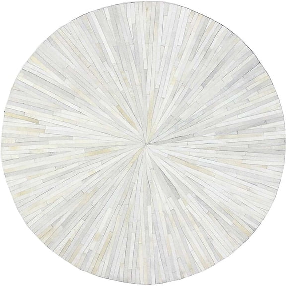Round Hair-On Cowhide Leather Area Rug 10×10 ft, Handcrafted Striped Patchwork Carpet, Modern Decorative Rug for Living Room Bedroom, White