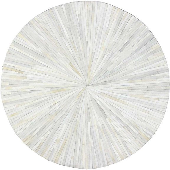 Round Hair-On Cowhide Leather Area Rug 3×3 ft, Handcrafted Striped Patchwork Carpet, Modern Decorative Rug for Living Room Bedroom, White