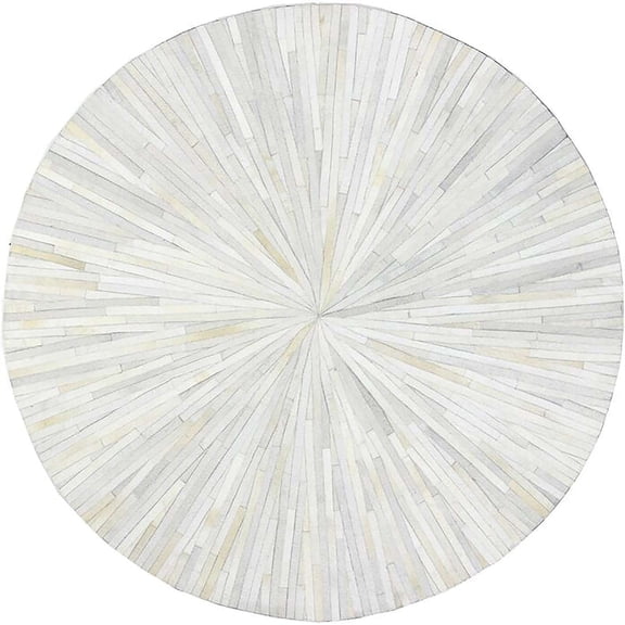 Round Hair-On Cowhide Leather Area Rug 7×7 ft, Handcrafted Striped Patchwork Carpet, Modern Decorative Rug for Living Room Bedroom, White
