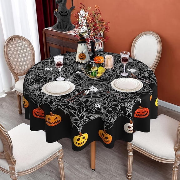 Round Halloween Tablecloth 60 Inch, Black Spider Web Halloween Table Cloths Round Jack-O-Lantern Pumpkin Ghost Tablecloths Table Cover for Party Dinner Decor