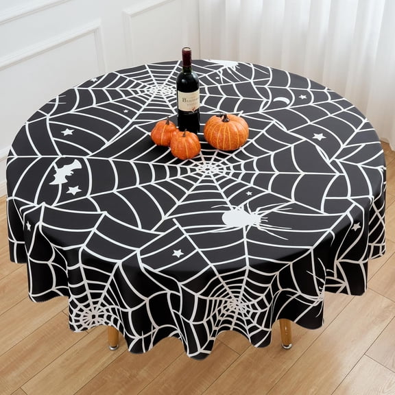 Round Halloween Tablecloth 60 Inch Black Spider Web Table Cloth - Polyester Circle Cobweb Bat Black Halloween Table Cover Washable Waterproof for Party Picnic Kitchen Dining Outdoor Decorations