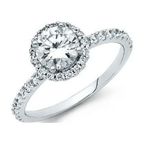 Round Halo CZ Engagement Ring 14k White Gold Anniversary CZ Band Bridal Pave Set Side Stones Size 7
