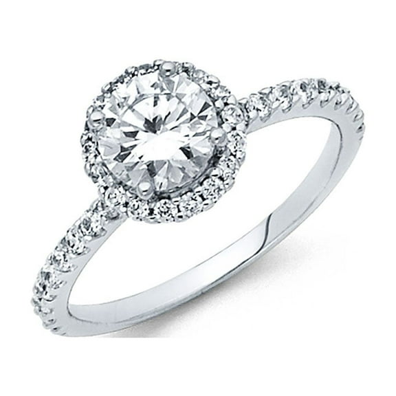 Round Halo CZ Engagement Ring 14k White Gold Anniversary CZ Band Bridal Pave Set Side Stones Size 7