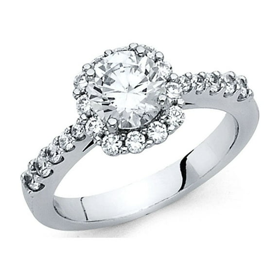 Round Halo CZ Engagement Ring 14k White Gold Anniversary Solitaire CZ Bridal Band Side Stones Size 7