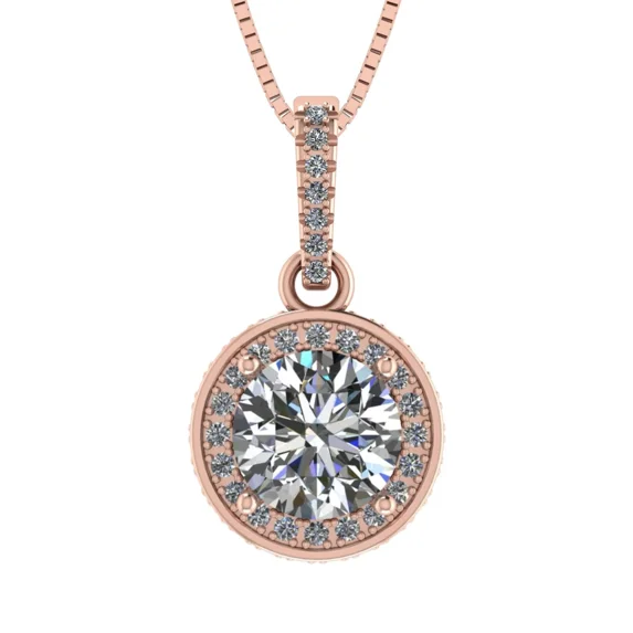 Round Halo Solitaire Necklace, Silver & Pure Brilliance Zirconia - 7.5mm Rose Gold Plated - 1.50ct