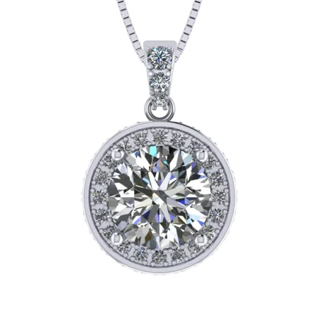 Round Halo Solitaire Necklace, Silver & Pure Brilliance Zirconia - 9.00mm Platinum Plated - 3.00ct