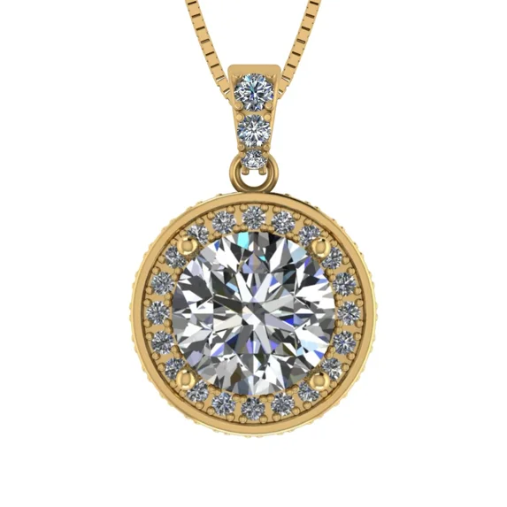 Round Halo Solitaire Necklace, Silver & Pure Brilliance Zirconia - 9.0mm Yellow Gold Plated - 3.00ct