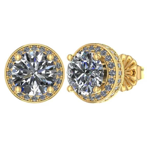 Round Halo Stud Earrings Silver Unisex Hypoallergenic - 6.50mm Yellow