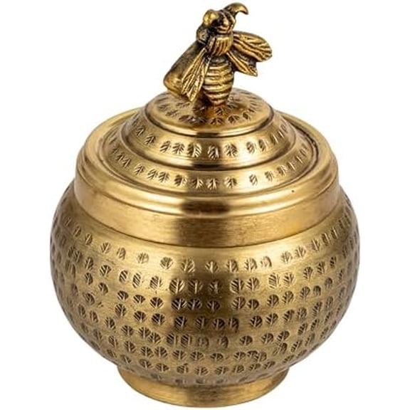 Round Hammered Metal Container with Bee Finial, Brass Finish