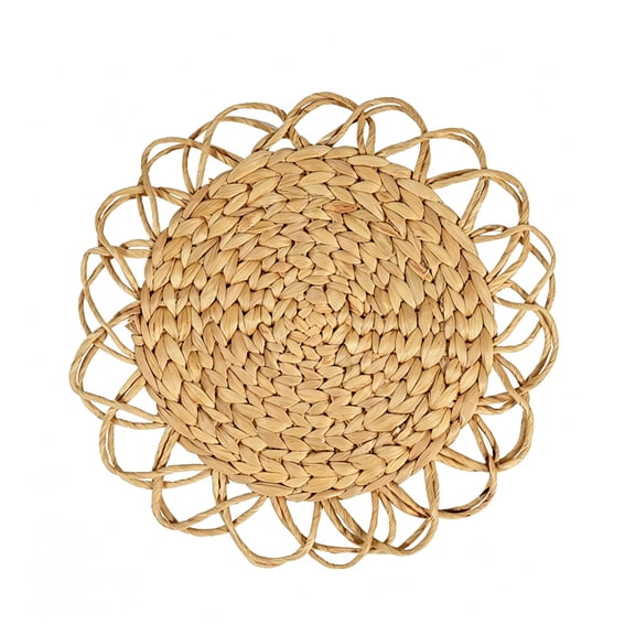 Round Hand Woven Rattan Placemat,13.38" Natural Wicker Heat Resistant Table Coaster, Decorative Looped Border Table Mat, Farmhouse Dining Table Protector, Rustic Woven Trivet for Hot Dishes