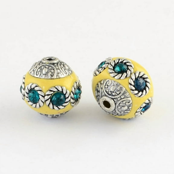 Round Handmade Indonesia Beads with Rhinestones and Alloy Cores Silver Yellow 14~15x15mm Hole: 1.5mm
