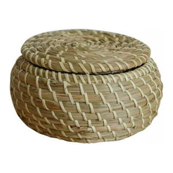 Round Handmade Seagrass Woven Basket with Lid Handwoven Natural Box Storage for Accessories, Candy, Home Decor, Plant Pot, Vintage Jar Bathroom Kitchen Elegant Design Bin