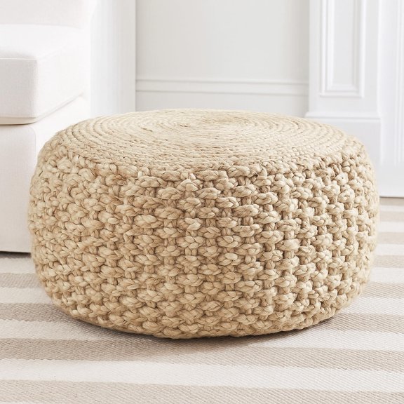 Round Handwoven Jute Cotton Pouf Ottoman Natural Beige 18 Inch