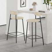 Round Handwoven Paper Rope Counter Stools Set of 2 Handwoven Paper Rope Bar Stools Boho Dining Pub Chairs for Kitchen Black & Creamy White