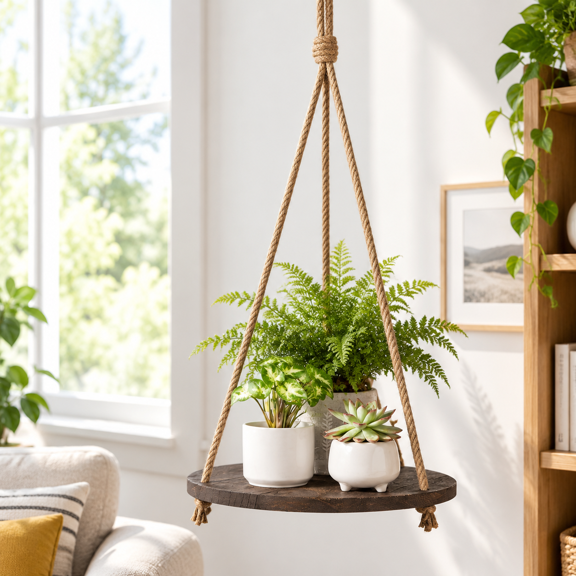 Round Hanging Floating Shelf, Brown Rustic Wood Plant Hanger with Jute Rope for Indoor Home Decor