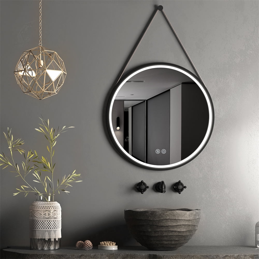 16-Inch Black LED Bathroom Mirror With Anti-Fog & 3 Color Lights - Wall Mounted, Round