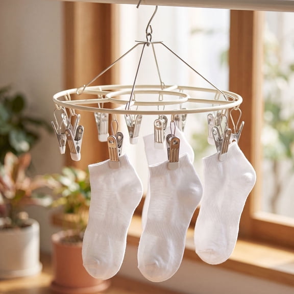 Round Hanging Laundry Drying Rack with Metal Clips, Rotatable Sock Hanger for Indoor Balcony Small Garment Underwear Drying