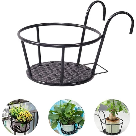 Iron Hanging Plant Holder, Flower Pot Holders 1Pack Plant Iron Racks Fence Metal Potted Stand Mounted Balcony Over The Rail Metal Fence Planters for Indoor&Outdoor Use-Black,8.3"