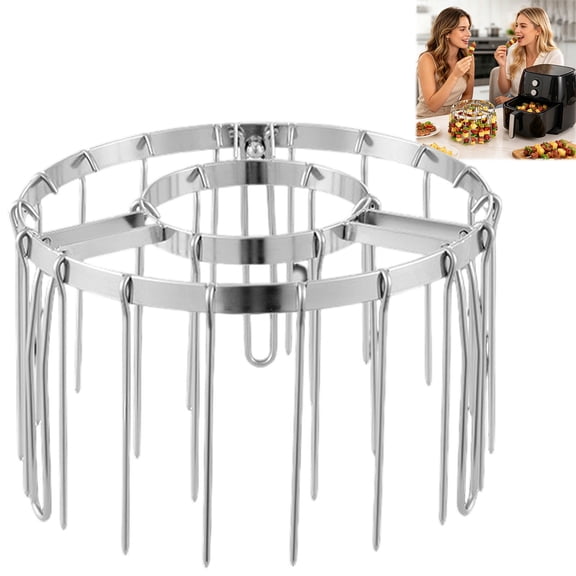 Round Hanging Stainless Steel Roasting Rack, Anti Stick Kitchen Grill Frame with 24 Skewers, Practical Cookware for Oven Air Fryer Daily Family Barbecue Cooking
