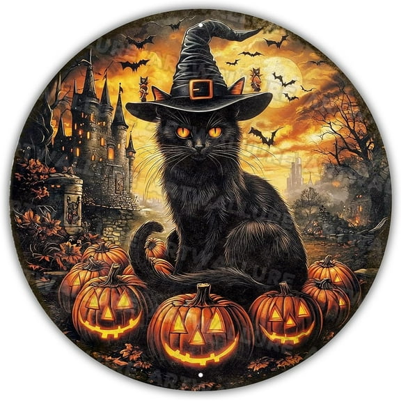 Round Happy Halloween Wreath Vintage Sign Halloween Ghost Metal Tin Sign for Home Bar Kitchen Hotel Dining Room Coffee 8x8inch