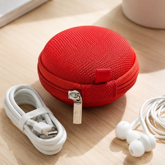 Round Hard Shell Earphone Storage Case, Portable Anti-Press Cable Earbud Organizer Box with Zipper