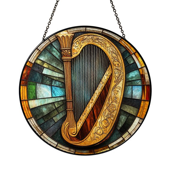Round Harp Suncatcher, Stained Glass Style Celtic Musical Instrument Window Panel, Music Decor Gift