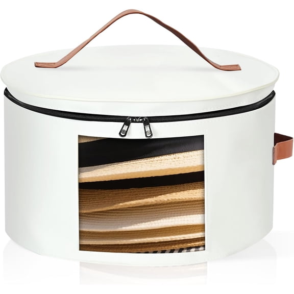 Round Hat Box, Stackable Felt Hat Boxes for Women Storage, Foldable Premium Hat Travel Case with Dustproof Lid, Space Saving Hat Organizer (White)
