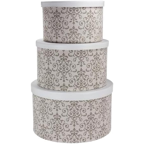 Round Hat Boxes with Lids, Vibrant Scallop Print with Faux Leather Lids, Poly-Cotton and Non-Woven PP Liner, Large, Medium and Small, Stackable and Nestable, Olive and Cream
