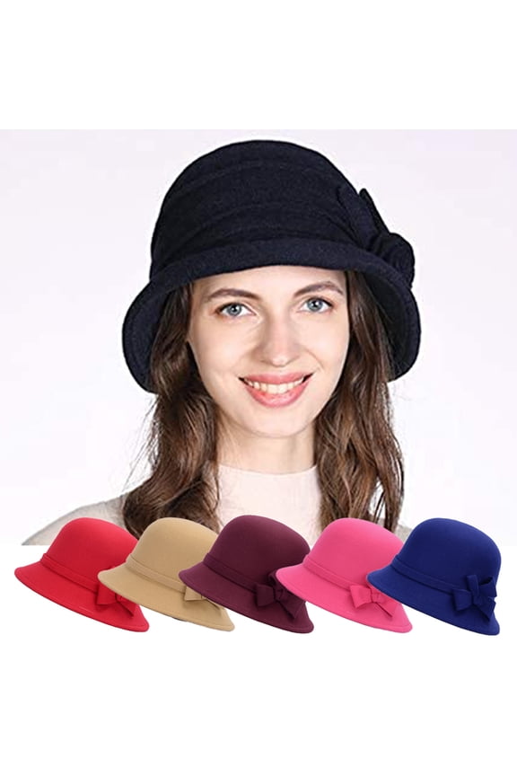 Round Hat for Women Faux Wool Bucket Vintage Hat Women Solid Color with Bow Accent for Tea Party