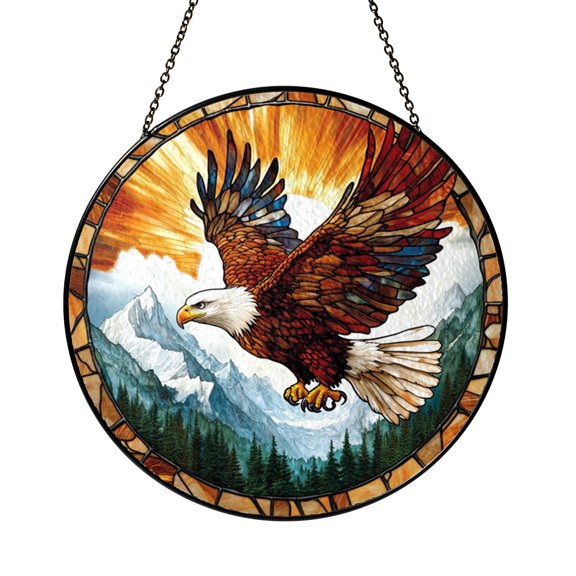 Round Hawk Stained Glass Window Suncatcher, Majestic Bird of Prey Design with Scenic Mountain Background