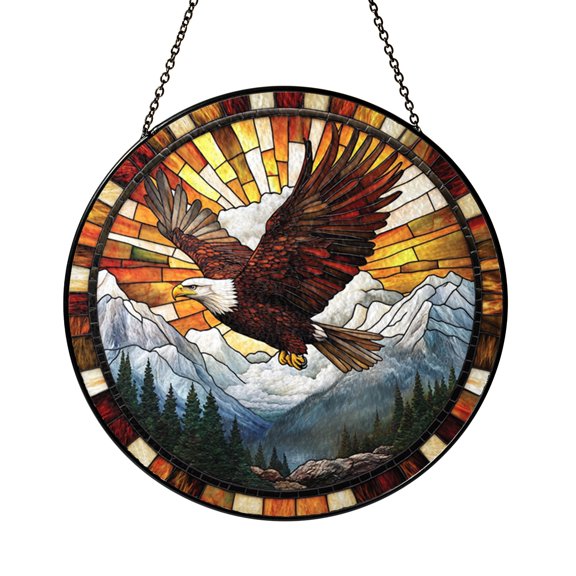Round Hawk Suncatcher, Stained Glass Style Mountain Window Panel, Wildlife Decor Gift